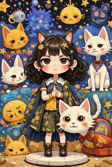 psychedelic wonderland, 1 chibi girl, funny expression, two anthropomorphic cats in butler outfits, ultra detailed, absolutely resolution, masterpiece