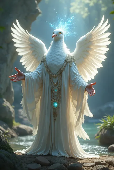 An animal Dove Wizard with Chronurgy magic. Pristine white Wizard outfit. 