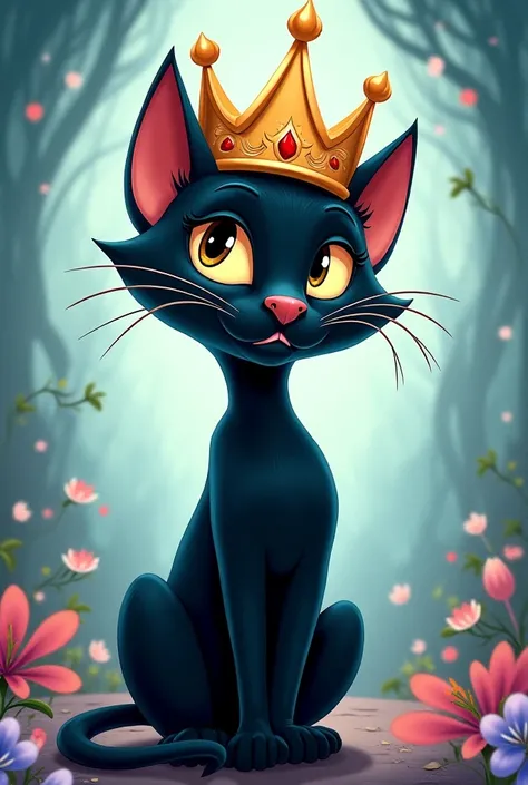 Disneylike drawing of a black cat with a crown 
