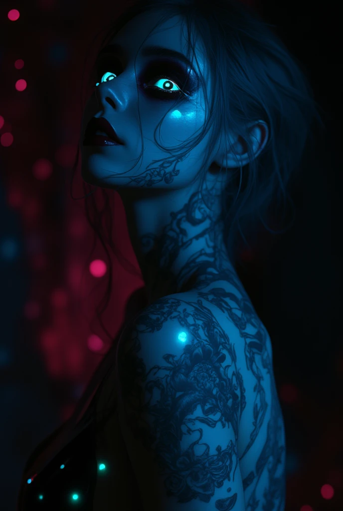 dramatic lighting , Realistic, 8k, Cinematic Composition , dark moody vibe , Dramatic Shadows , Intricate and elaborate pattern , 30 megapixel , chiaroscuro lighting , moody color palette , deep contrast , super real Hr giger tattooed sexy seductive dead g...