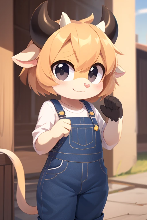 kemono chibi cow anthro furry, short yellow horns, black and white fur, pink nose, black eyes, black ears, cute pose, overalls, score_7_up,Score_8_up