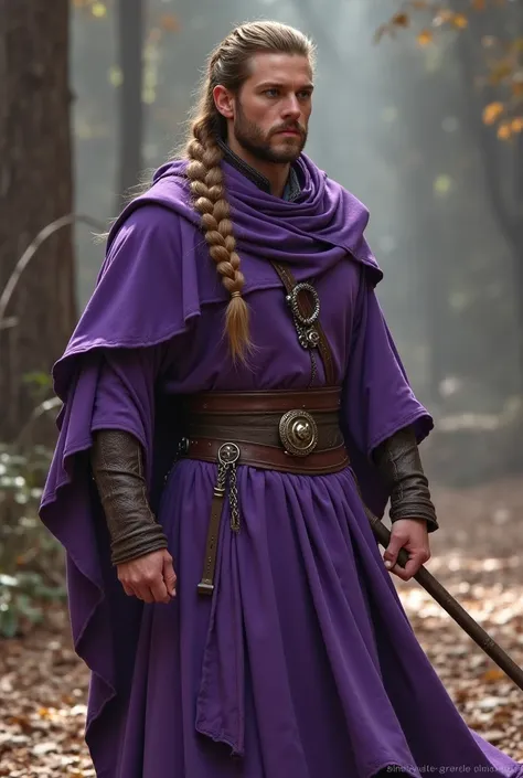 Homme non binaire. Trentaine.  Long hair tied in a long braid , shaved part . Partie gauche du visage et du corps brûlée, So scars .  Wear a long purple garment and a stick that he uses as a weapon.  Fighting priest.