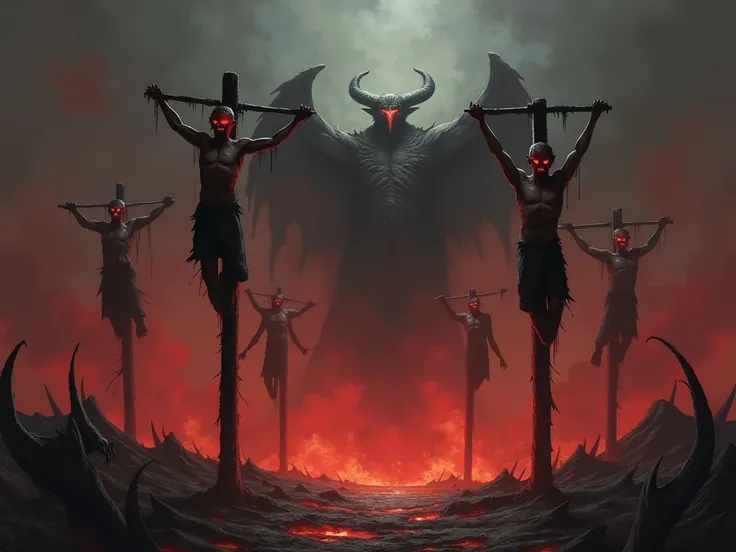 Generate an image of hell, The ambient light is red,  have flares of fire and gray fog,  there are people stuck on iron poles, Are there demons with tongues of fire in front of people