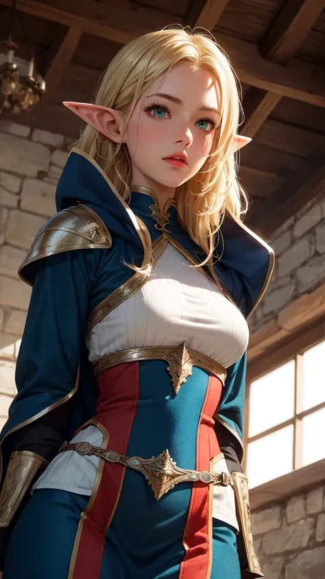 RAW, professional photograph, medium shot, photorealistic, hyper-realistic, ray tracing, super detail, UHD, 8k, female elf, twenty years old, athletic body, soft facial features, blonde hair, long hair, straight hair, green eyes, red lips, medieval-fantasy...