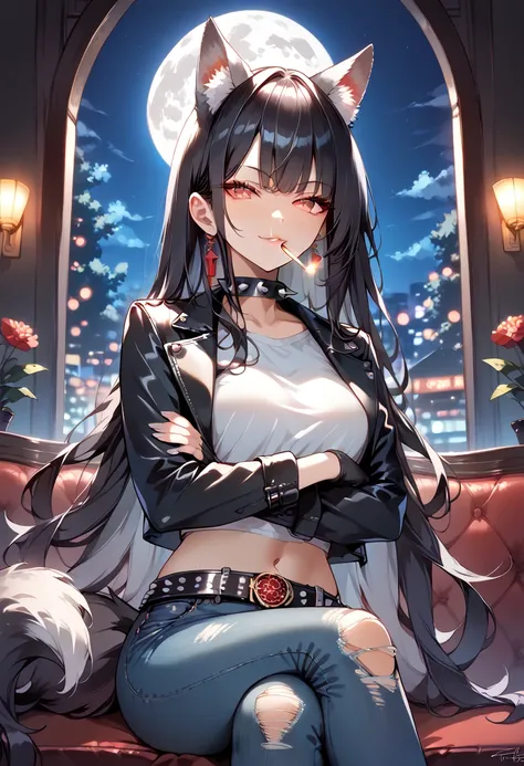 ((masterpiece, best quality, ultra detailed, high resolution, beautiful detailed face, beautiful detailed eyes, perfect hands)), (1 woman, solo, wild), (wolf ears and tail), (black hair, silver inner color hair, very long hair, diagonal bangs), (turime:1.3...