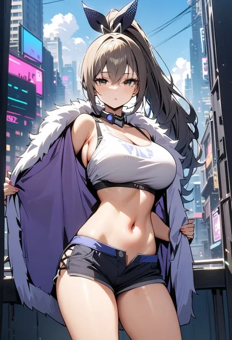  Masterpiece,  top quality,  high resolution, 8k,,Big Breasts, 1 girl,city, silver wolf ,  gray eyes,  high ponytail,  cyberpunk, white top, open belly,  shorts,  fur coat, are standing,noon