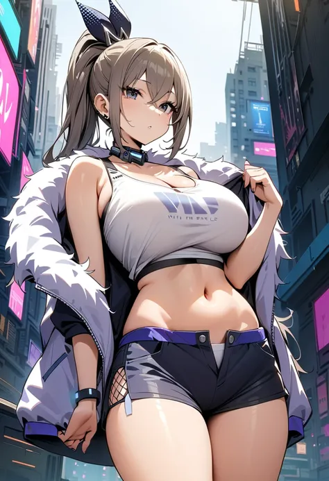  Masterpiece,  top quality,  high resolution, 8k,,Big Breasts, 1 girl,city, silver wolf ,  gray eyes,  high ponytail,  cyberpunk, white top, open belly,  shorts,  fur coat, are standing,noon