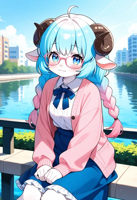 1girl, (furry, kemono:1.4), sheep girl, animal nose, sheep ears, sheep horn, lbraid, twin braids, multicolored hair, glasses, sitting, looking at viewer, blue eyes, skirt, solo, cardigan, pink cardigan, shirt, water, pink hair, outdoors, long sleeves, long...