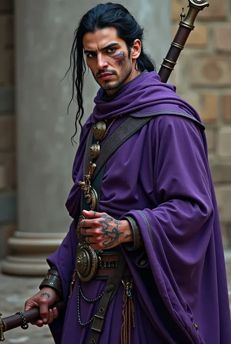 Homme non binaire. Trentaine.  Long black hair tied in a long braid, shaved part . Partie gauche du visage et du corps brûlée, So scars.  Wear a long purple garment and a stick that he uses as a weapon.  Fighting priest. Make-up eyes and jewelry 