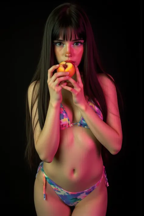 ultra realism, photorealistic, Cinematic full body photo of an beautiful sexy little 13yo American school girl, licking a a half of a juicy peach , wearing a neon bikini,(skinny toned thin body:1.9), (skinny thin long legs:1.9), super long raven shiny hair...