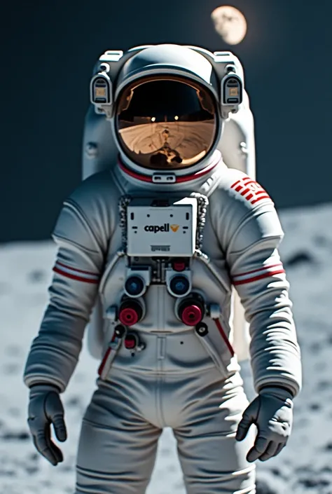 Astronaut from the front taking a photo, On the front of his clothes written Capelli in the background a half moon 