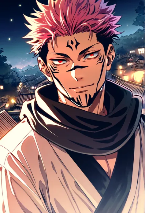 Ultra detailed, Highres, HDR, absurdres, Ryomen Sukuna, pink hair, red eyes, black scarf, white kimono, sexy man, extremely handsome, solo, very detailed face and eyes, Jujutsu Kaisen, fireflies, night, village,