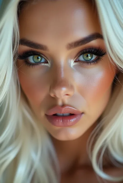 A beautiful Instagram model with white long hair and green eyes, with a closeup focusing on her bold, smoky-eye makeup. Her glossy lips and perfectly contoured cheeks radiate confidence and elegance, framed by her flowing white hair