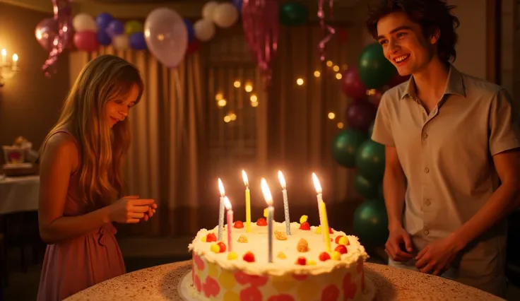 A wide-angle, highly realistic photograph of a  girl with long blonde hair, sitting at a table with a beautifully decorated birthday cake in front of her. The cake is colorful, with lit candles, frosting, and festive decorations. Next to her, Edward Cullen...