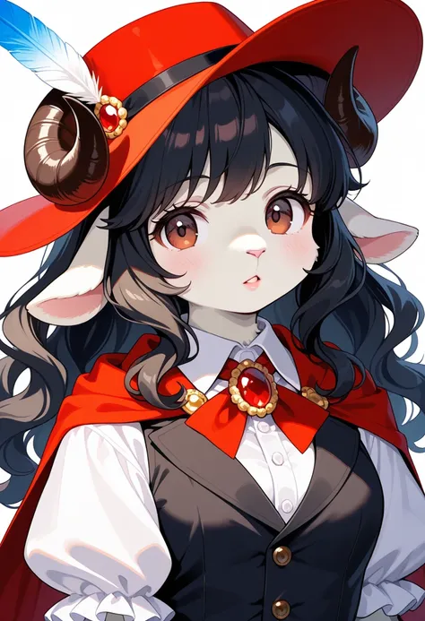 1girl, (furry, kemono:1.4), sheep girl, animal nose, sheep ears, sheep horn, solo, short sleeves, hat, long hair, hat feather, puffy sleeves, looking at viewer, puffy short sleeves, red headwear, vest, upper body, black hair, white background, shirt, parte...