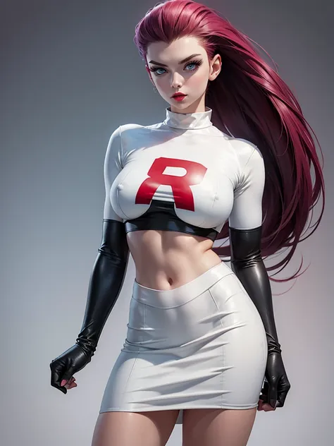 Beautiful girl standing sexy , ((  hair brushed back  ,  ,)),  big blue eyes, red lip gloss,   perfect body , team rocket , team rocket uniform ,  white skirt  ,  crop top,  high averages ,  elbow gloves ,   masterpiece,  highres, ((Plain background:1.3))