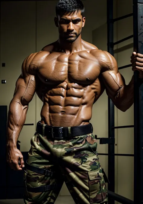 ultrarealistic, a black short hair man stubble very very shredded  8 pack abs big chest big arms boulder shoulders very veiny tanned Wearing tight camouflage clothing with a black belt solder looking very tough dominant Perfect facial details Sexy and char...