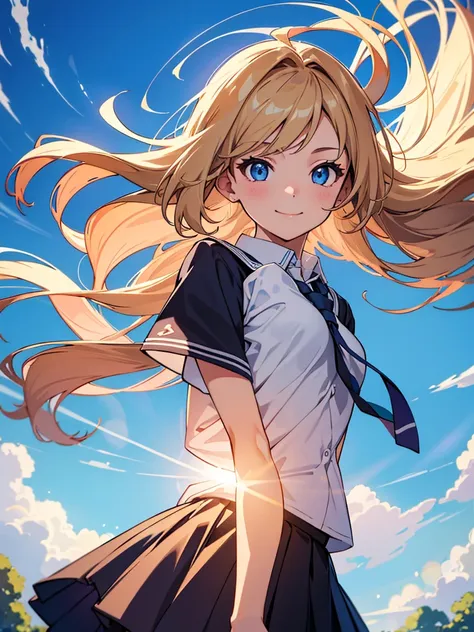 cinematic angle, solo focus,masterpiece, best quality, extremely detailed, absurdres, from below ,lens flare, very aesthetic,one cute girl has middle
 hair, (wind), the background is park,
, the girl wearing (school uniform ),light smile,