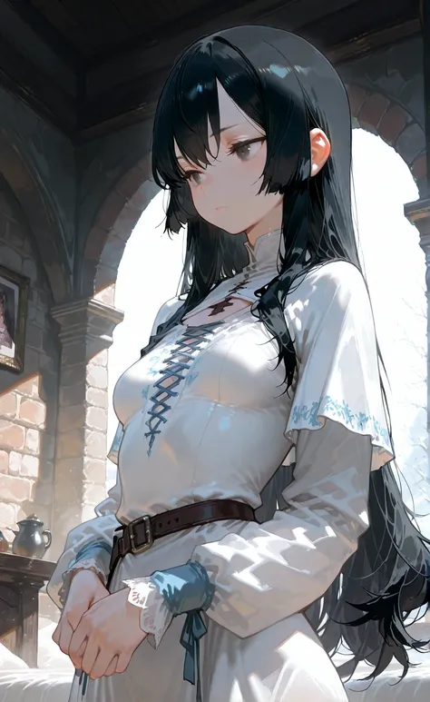 score_9,score_8_up,score_7_up, source_anime,safe, 1girl, solo, small breasts, Photo in 4K resolution, masterpiece, best quality, amazing quality, very aesthetic, absurdres, HDR, UHD, ISO 3200k, fantasy, medieval,
Black hair, cute girl,
slightly wavy medium...