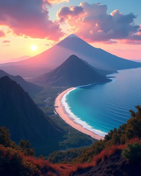 high quality, 8K Ultra HD, A beautiful exposure of Bromo's view that combines sunrise coast should serve as the underlying backdrop, with its details in illustration style awesome full color.