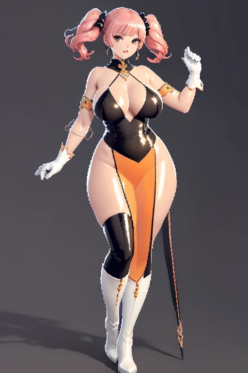  top quality, highest resolution,(((shiny orange dress　 long skirt, shiny silver boots, shiny white opera gloves, shiny pink hair, long twin tails)))  Metal Max 2 Reloaded, Red, large natural breasts, nafw