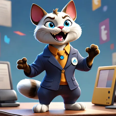 create for me an nft of an anthropomorphic cat standing on its hind legs dressed in clothes that depict the Telegram social network logo 