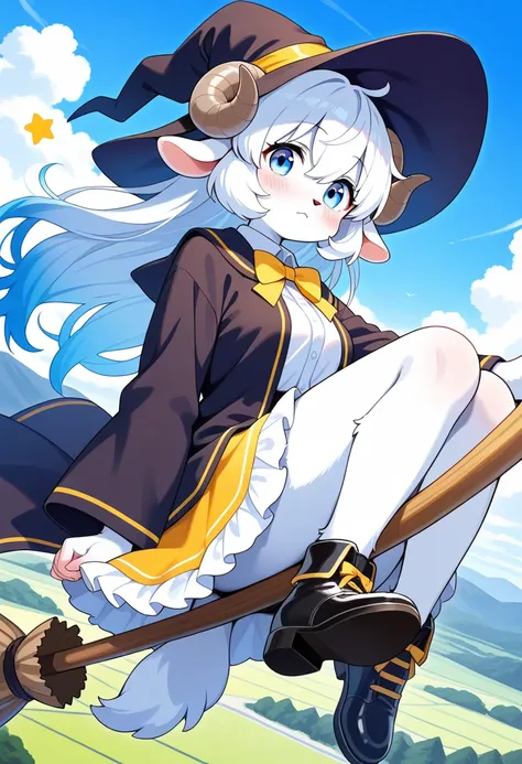 1girl, (furry, kemono:1.4), sheep girl, animal nose, sheep ears, sheep horn,  broom, hat, broom riding, solo, blue eyes, long hair, witch hat, black headwear, looking at viewer, long sleeves, witch, bow, black footwear, closed mouth, flying, outdoors, hair...