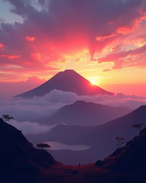 high quality, 8K Ultra HD, A beautiful exposure of Bromo's view that combines sunrise should serve as the underlying backdrop, with its details in illustration style awesome full color.