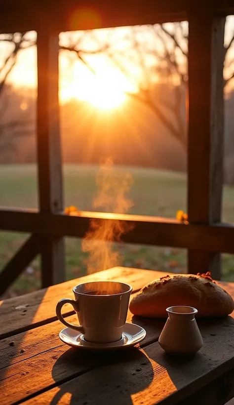  Here's a more realistic and rustic prompt for your image :  

**" A sunny morning on a rustic farm . The sun rises strongly on the horizon ,  softly illuminating an aged wooden table on the porch of a simple country house . on the table, there is a mug of...