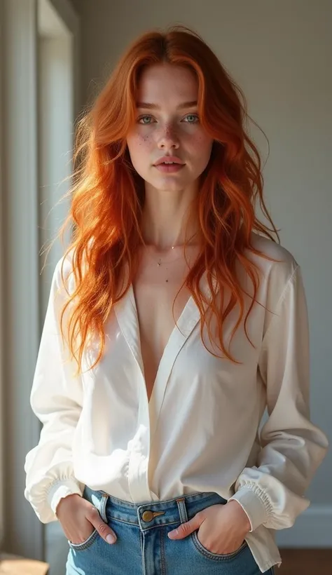 

" A high-quality red-haired model with long wavy hair , fair skin with delicate freckles on her face .  She is wearing a modern outfit consisting of jeans and a delicate white blouse. She is wearing minimalist accessories to complement the look .  The se...