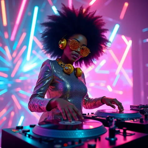 

"Un portrait vibrant et énergique d'une DJ afro-futuriste en pleine performance. Elle est mise en valeur par une énorme coiffure afro qui semble rayonner des nuances d'un bleu électrique, de violet, et de rose, créant un effet lumineux et presque cosmiqu...