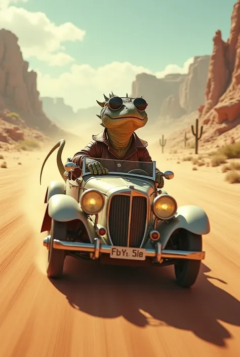 humanoid cowboy lizard with aviator glasses driving a car in the desert