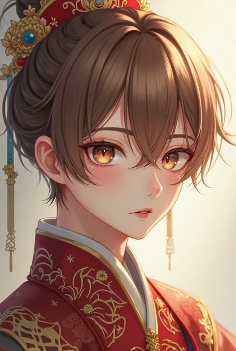 Generate an image of a boy with light brown hair ,  white skin, fine features and hazel eyes with concubine clothing and anime style 