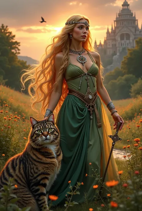 cena: Freyja stands in a field of flowers,  under a twilight sky , with orange tones,  pink and purple . She is surrounded by nature and magical symbols, reflecting her connection to fertility and magic.

Central Figure - Freyja: paintwork 

Rosto: A stunn...