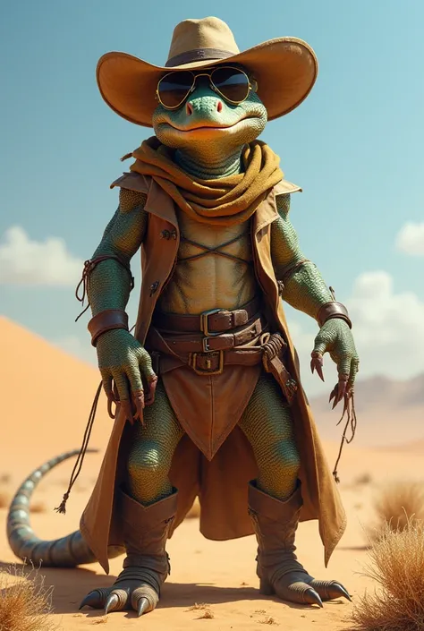 humanoid cowboy lizard with aviator glasses in the desert