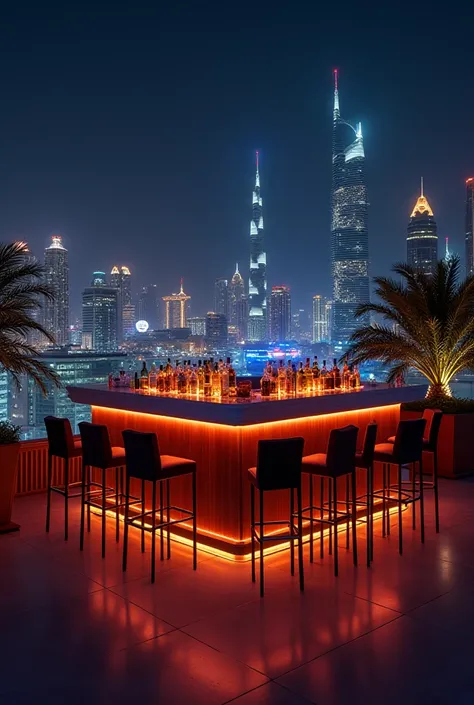  Create an image of a luxury hotel penthouse in Dubai ,  on this rooftop there is an elegant bar with several bottles of drinks and the Men and illustrious luxuries bar that illuminate the night in Dubai giving a touch of elegance, The rooftop has a beauti...