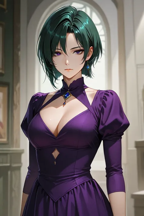 anime expressionless woman with dark green hair with a desfilada style hair, short hair, black eyelids, purple dress.