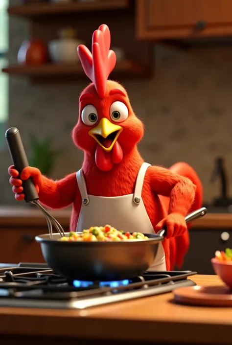 Red chicken with apron cooking in a pan in the kitchen using pepper and oil while having a pan on the stove 