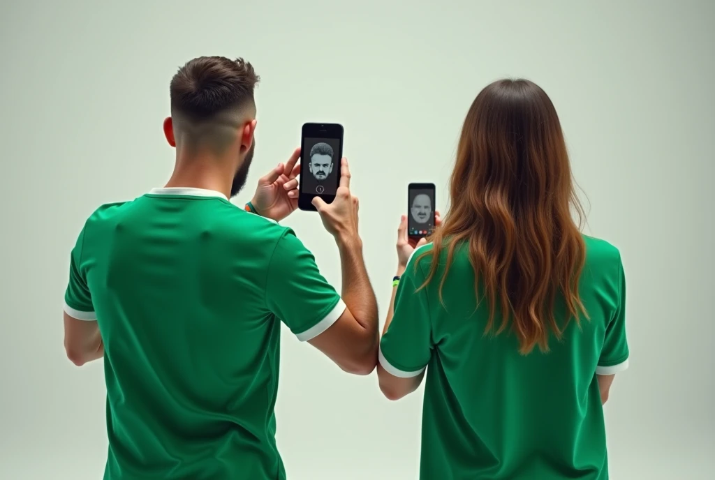 Back Photograph of a male soccer fan celebrating in a plain background looking at a facial recognition device. The man is wearing a green football jersey. There is a woman wearing a green football jersey side by side with him with her phone in hand recordi...