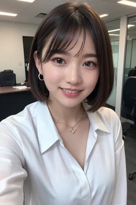 Highest quality:1.2), RAW Photos, High resolution, Very detailed, Intricate details,、Brown Hair、hairstyle semi long、ear piercing、smile、Emphasis on teeth、, (Front view, ), Clear beauty, Necklace around the neck、,, (High quality fabric, Office Lady Suits、Jac...