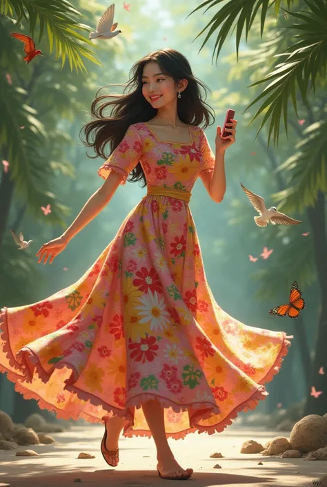 Beautiful Thai girl wearing 1960s dress dancing tweeting