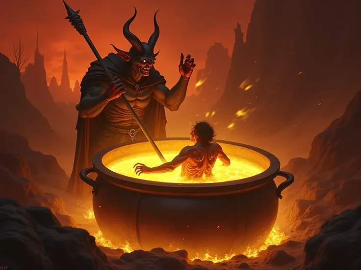 Generate an image of hell, The ambient light is red, a person inside a cauldron of molten gold, a demon stirring the cauldron with an iron spear