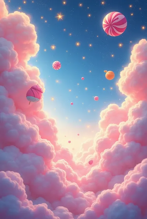 Create me a parallel universe surrounded by golden stars and candy-shaped clouds 
