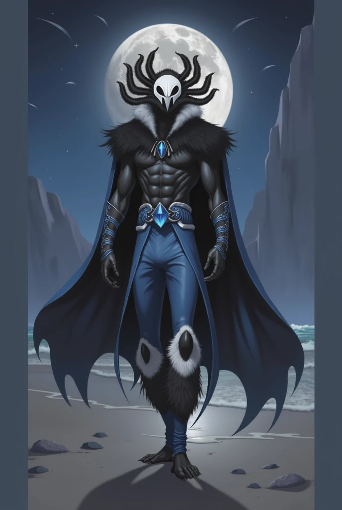 full body, muscular black furred tarantula creature in white mask in blue black and silver tribal pants long blue cape black fur collar blue crystal belt, without shirt,ocean