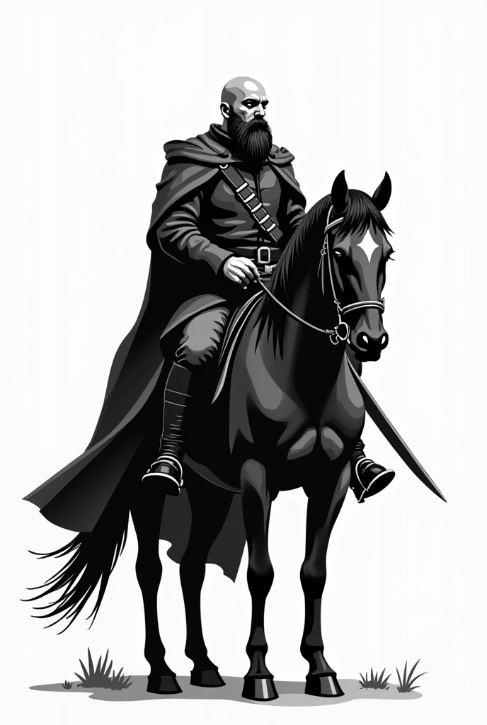 image of a serious Cossack with a chup and a bald head with a long mustache without a beard and an earring in his ear on horseback with a sword in his hands black and white art vector minimalistic for the logo