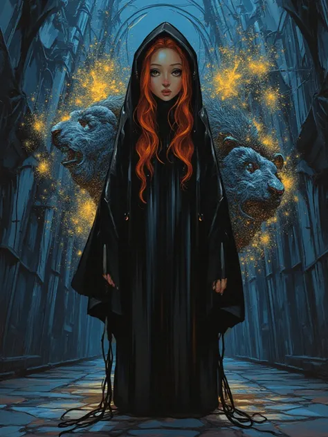 "lone orange hair little young female person on a black veil robe hooded covered with a lion aside her on illustration medium", on a urban dark alley seen from very low angle bellow her knees, artistic abstract waves shapes of glimmering micro particles, a...