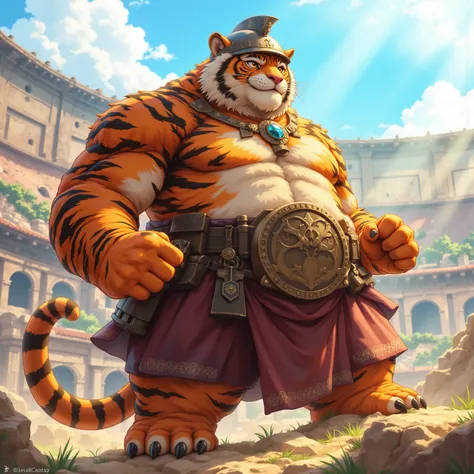 gladiator, a plump middle-aged tiger man, full body in Michelangelo Buonarroti style, digital illustration anime, character focus, full body, looking away, dynamic angle, niji6, BREAK gladiator armor, helmet, fighting, dynamic pose, detailed painting lands...