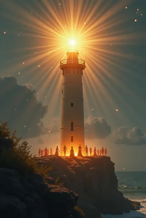  A beacon for a WhatsApp group for the purpose of an energy therapist image, a lighthouse with a star design with people being treated and two women conducting the treatment 