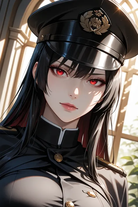 masterpiece, best quality, amazing quality, very aesthetic, high resolution, ultra-detailed, absurdres, newest, scenery, 1woman, solo, mature woman, black admiral uniform, officer hat, black cape, muscular, red eyes, pale skin, looking at viewer, stern fac...