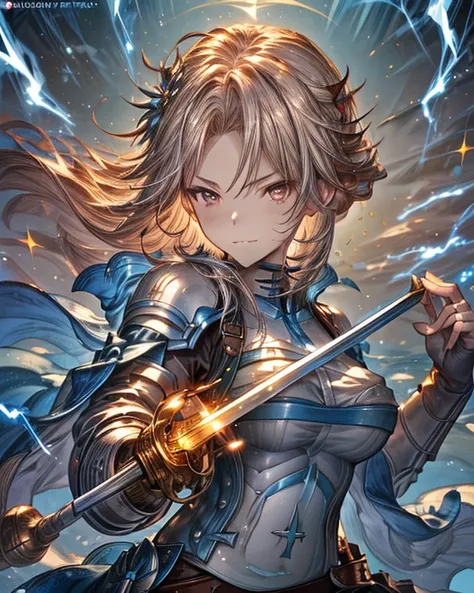 (最高 Masterpiece,  top quality, 4K, 8k,  high resolution, Masterpiece:1.2), Katarina from Granblue Fantasy,(Forehead),( bangs up ),smile, big breasts,( paladin),Miracle,Power Spot, fantastic world, White Light Spot,(Insist on the Holy Sword), She's on an ad...